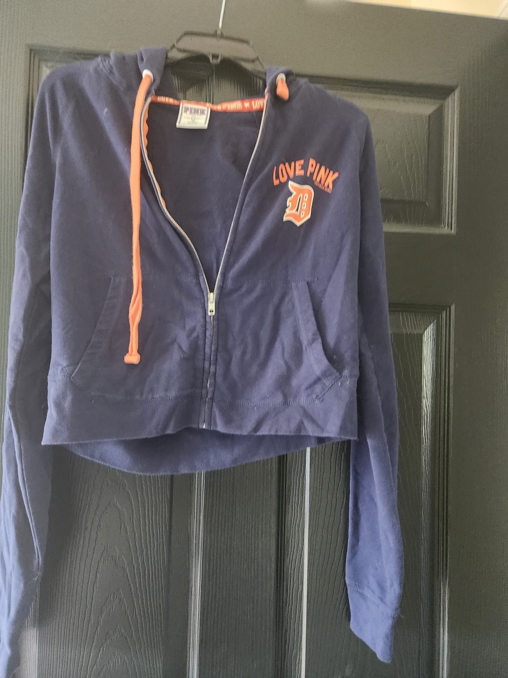 PINK Victoria's Secret Navy Zip-Up Hoodie with Orange Detroit Tigers Accents